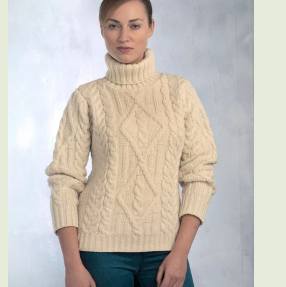 Inis Crafts Traditional Cable Knit Turtle Neck Fisherman Merino Wool Sweater L - Picture 3 of 9